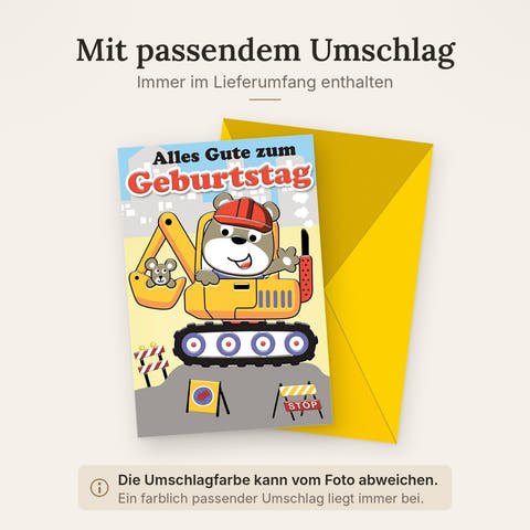 Geburtstagskarte Kinder – Bagger mit Bär und Maus in fröhlichen Farben und Baustellenmotiv