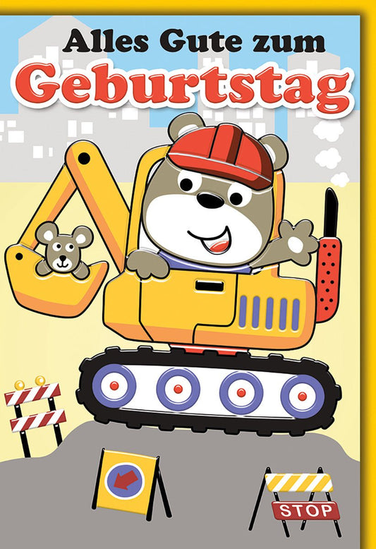 Geburtstagskarte Kinder – Bagger mit Bär und Maus in fröhlichen Farben und Baustellenmotiv