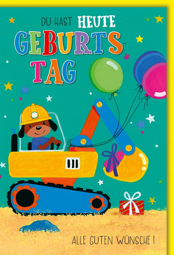 Geburtstagskarte Kinder – Bagger mit Hund und Ballons in buntem Comic-Stil
