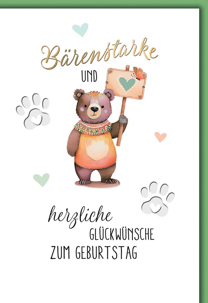 Geburtstagskarte Kinder – Bärenstarker Bär mit Herzschild und verspieltem Design