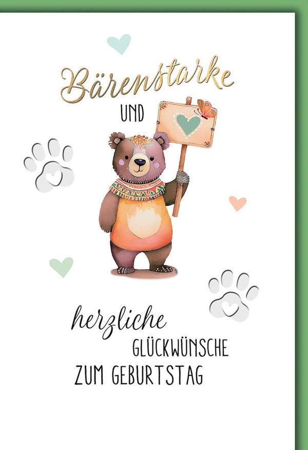 Geburtstagskarte Kinder – Bärenstarker Bär mit Herzschild und verspieltem Design