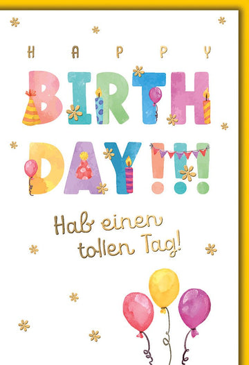 Geburtstagskarte Kinder – Bunte Buchstaben mit Luftballons und fröhlichem Design