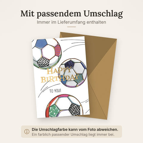 Geburtstagskarte Kinder – Bunte Fußbälle mit Goldschrift und dynamischem Design