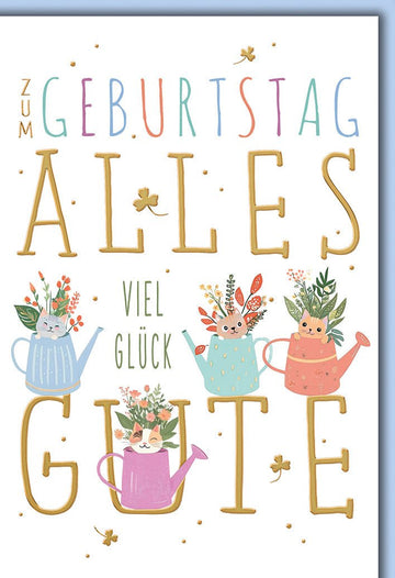 Geburtstagskarte Kinder – Bunte Gießkannen mit Katzen und Blumen - Illustration