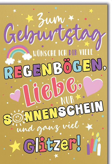 Geburtstagskarte Kinder – Bunte Regenbögen und Glitzer mit fröhlichen Kerzen