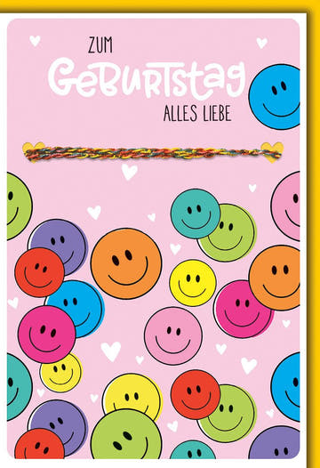Geburtstagskarte Kinder – Bunte Smileys mit Regenbogen - Herz und fröhlichem Design