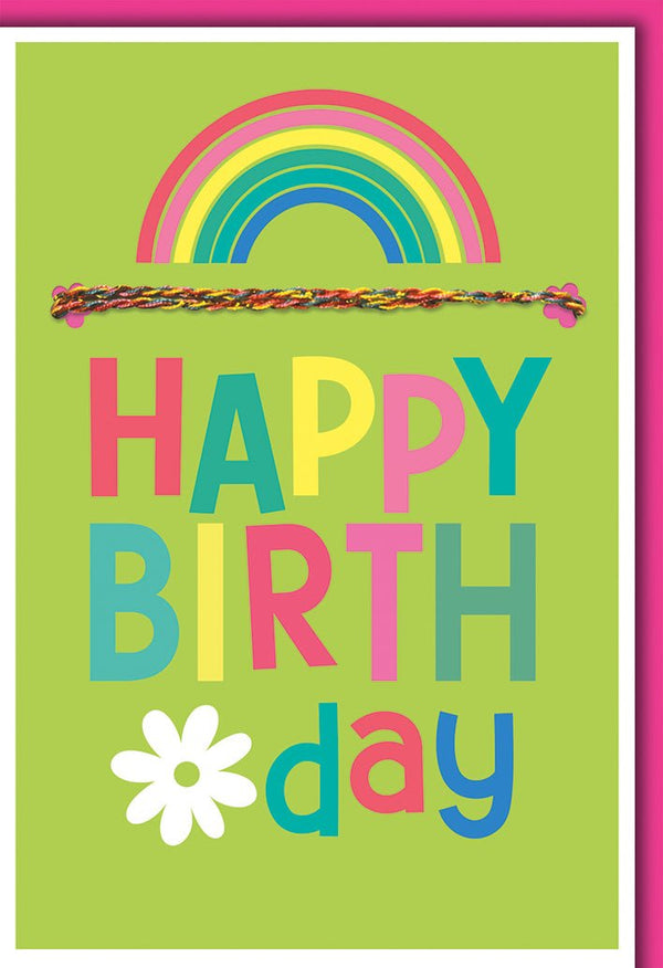 Geburtstagskarte Kinder mit Armband – Bunter Regenbogen mit geflochtenem Band und Blumenmotiv