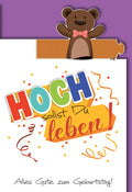 Geburtstagskarte Kinder – Bunter Teddybär mit Konfetti und fröhlichem Schriftzug