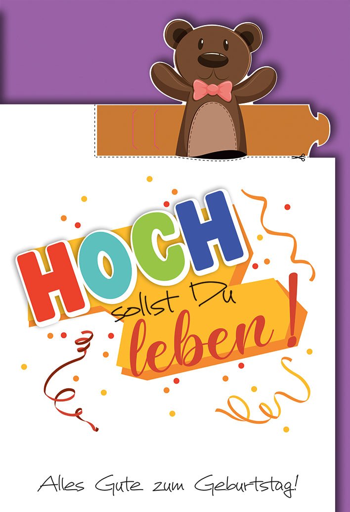 Geburtstagskarte Kinder – Bunter Teddybär mit Konfetti und fröhlichem Schriftzug