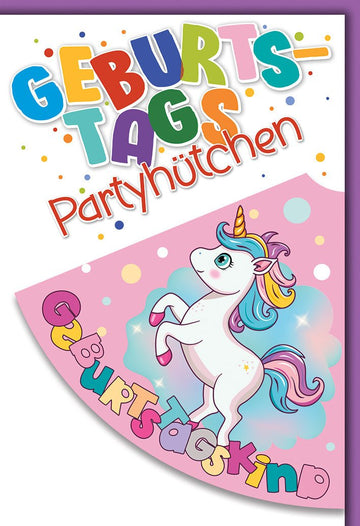 Geburtstagskarte Kinder – Buntes Einhorn mit Partyhütchen und Regenbogenfarben
