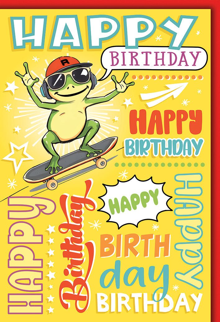 Geburtstagskarte Kinder – Coole Skateboard - Frosch mit buntem Comic - Design