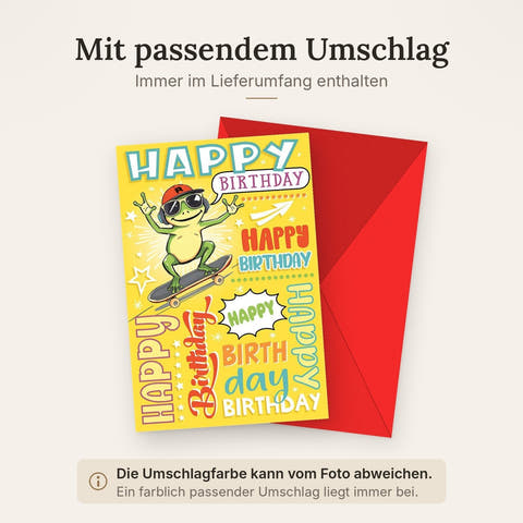 Geburtstagskarte Kinder – Coole Skateboard-Frosch mit buntem Comic-Design