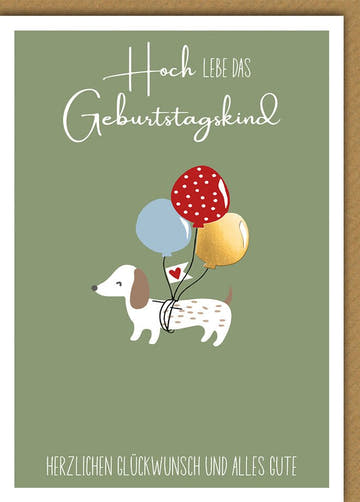 Geburtstagskarte Kinder – Dackel mit bunten Luftballons und verspieltem Design