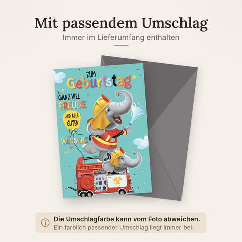 Geburtstagskarte Kinder – Feuerwehr Elefanten mit buntem Konfetti und Humor