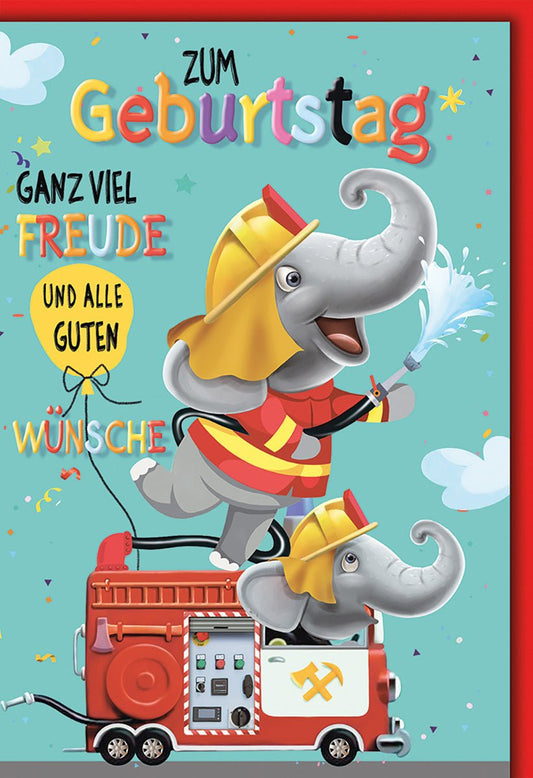 Geburtstagskarte Kinder – Feuerwehr Elefanten mit buntem Konfetti und Humor