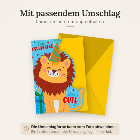 Geburtstagskarte Kinder – Fröhlicher Löwe mit Partyhut und buntem Geschenkdesign