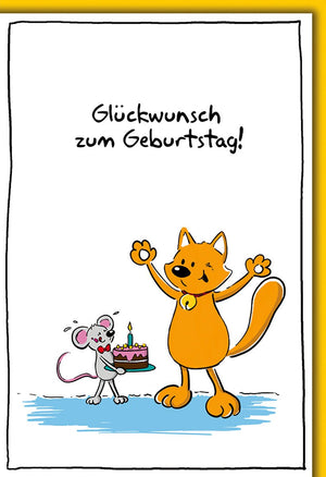Geburtstagskarte Kinder – Fröhliche Katze und Maus mit Geburtstagskuchen in Cartoon-Stil