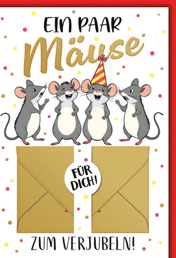 Geburtstagskarte Kinder – Fröhliche Mäuse mit Partyhüten und Geldumschlägen