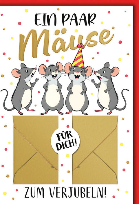 Geburtstagskarte Kinder – Fröhliche Mäuse mit Partyhüten und Geldumschlägen
