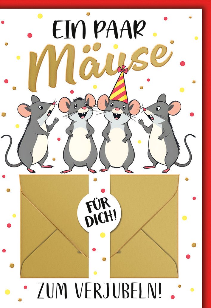 Geburtstagskarte Kinder – Fröhliche Mäuse mit Partyhüten und Geldumschlägen