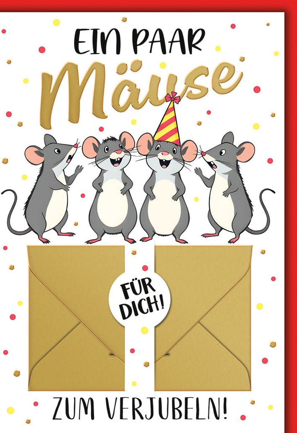 Geburtstagskarte Kinder – Fröhliche Mäuse mit Partyhüten und Geldumschlägen
