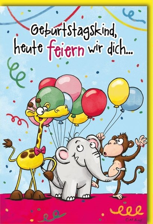 Geburtstagskarte Kinder – Fröhliche Tiere mit Luftballons und buntem Konfetti-Design