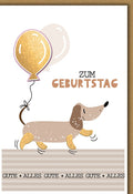 Geburtstagskarte Kinder – Fröhlicher Dackel mit Ballon und verspieltem Design
