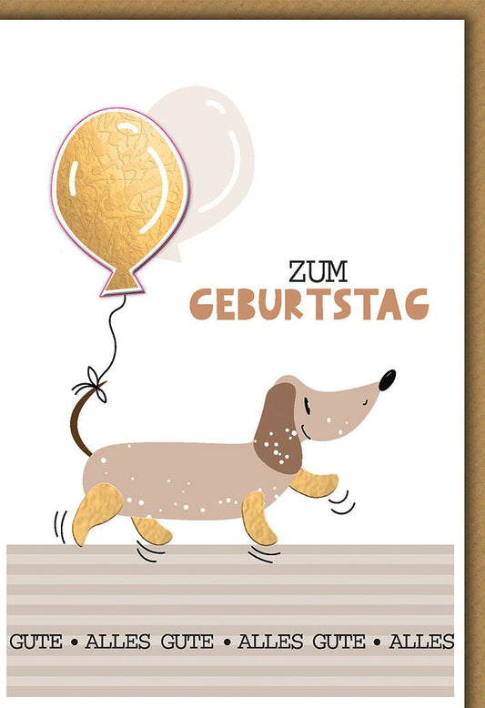 Geburtstagskarte Kinder – Fröhlicher Dackel mit Ballon und verspieltem Design