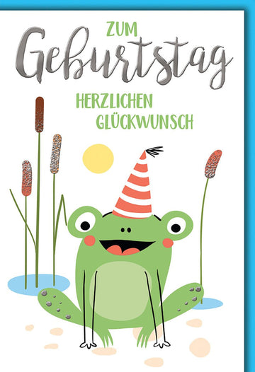 Geburtstagskarte Kinder – Fröhlicher Frosch mit Partyhut am Teich in Pastellfarben