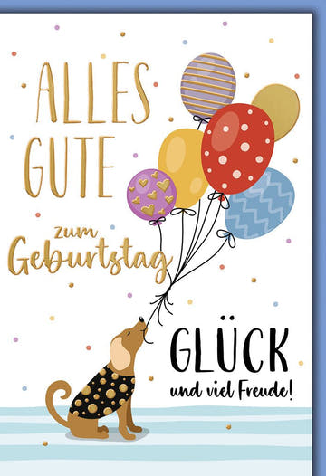 Geburtstagskarte Kinder – Fröhlicher Hund mit bunten Luftballons und Glückwünschen