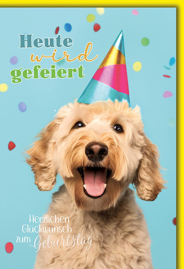 Geburtstagskarte Kinder – Fröhlicher Hund mit Partyhut und buntem Konfetti-Design