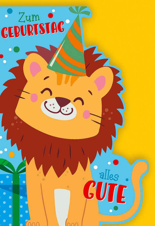 Geburtstagskarte Kinder – Fröhlicher Löwe mit Partyhut und buntem Geschenkdesign