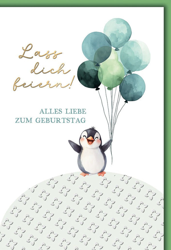 Geburtstagskarte Kinder – Fröhlicher Pinguin mit grünen Ballons und verspieltem Design