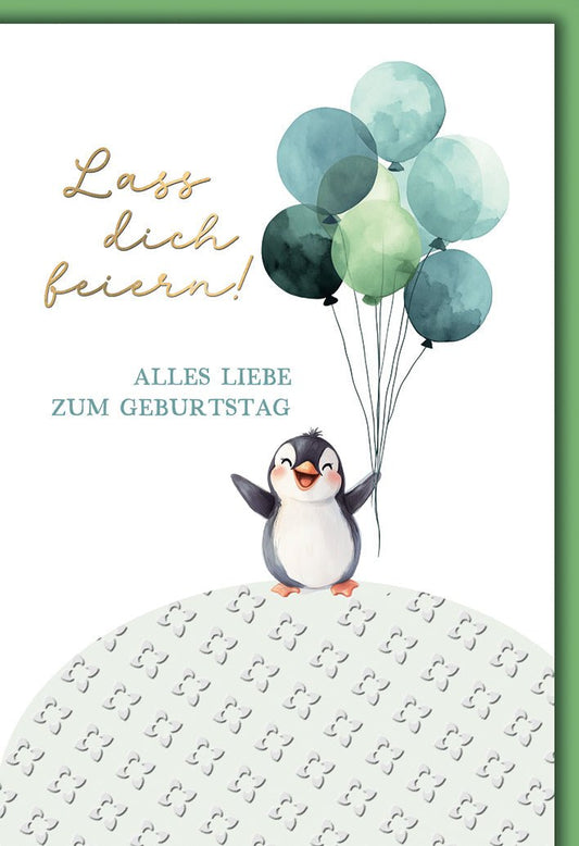 Geburtstagskarte Kinder – Fröhlicher Pinguin mit grünen Ballons und verspieltem Design