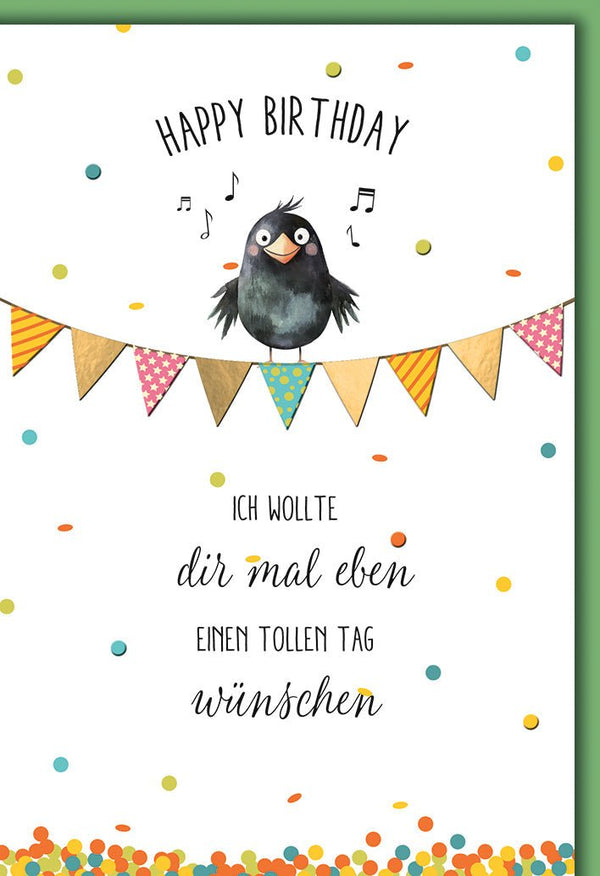Geburtstagskarte Kinder – Fröhlicher Vogel mit Wimpelkette und bunten Konfetti