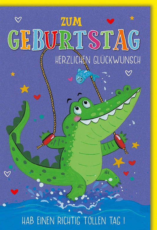 Geburtstagskarte Kinder – Fröhliches Krokodil mit Luftballons und bunten Herzen