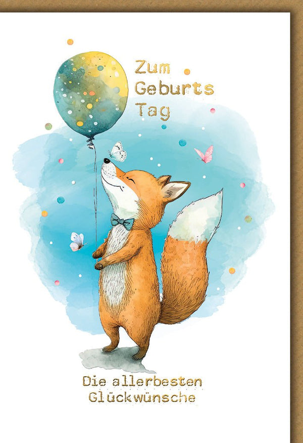 Geburtstagskarte Kinder – Fuchs mit Ballon und Schmetterlingen in Aquarelloptik