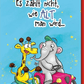 Geburtstagskarte Kinder – Giraffe und Elefant auf Fahrzeugen mit lustigem Spruch