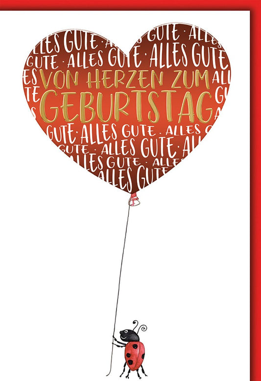 Geburtstagskarte Kinder – Herzballon mit Marienkäfer und fröhlichem Rot - Design