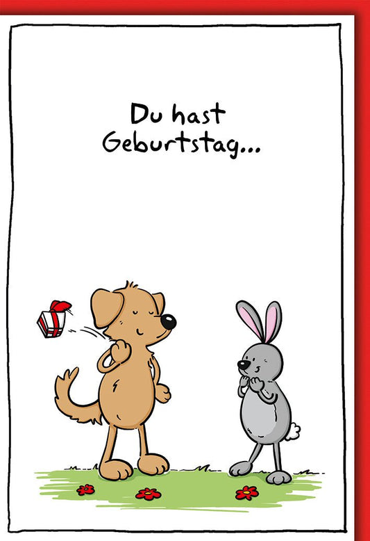 Geburtstagskarte Kinder – Hund und Hase mit Geschenk in fröhlichem Cartoon - Stil