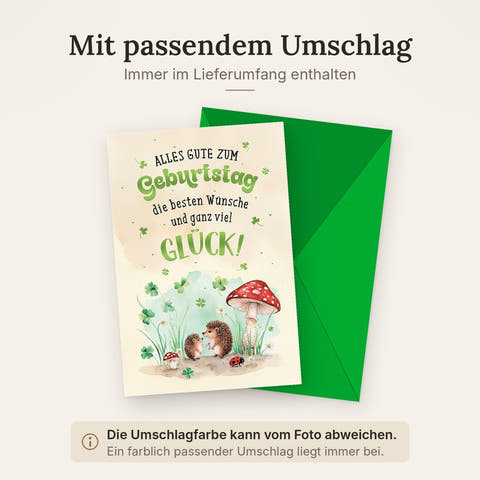 Geburtstagskarte Kinder – Igel mit Fliegenpilz und Kleeblättern in Aquarelloptik