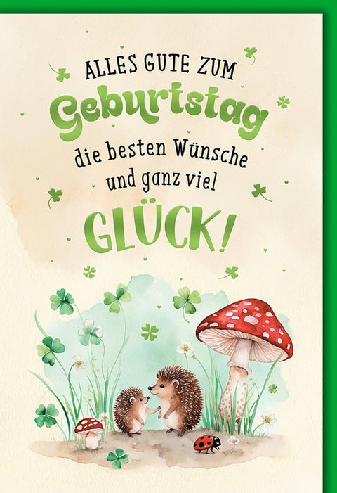 Geburtstagskarte Kinder – Igel mit Fliegenpilz und Kleeblättern in Aquarelloptik