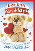 Geburtstagskarte Kinder – Kuschelbär mit Herz und fröhlichen Blumenmotiven