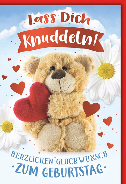 Geburtstagskarte Kinder – Kuschelbär mit Herz und fröhlichen Blumenmotiven