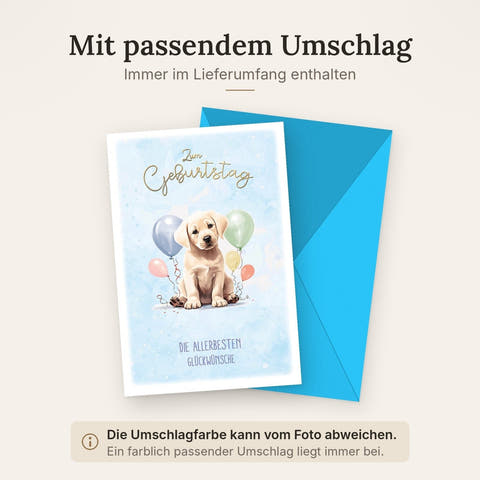 Geburtstagskarte Kinder – Labrador-Welpe mit bunten Luftballons auf Aquarellhintergrund