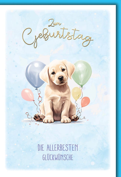 Geburtstagskarte Kinder – Labrador-Welpe mit bunten Luftballons auf Aquarellhintergrund