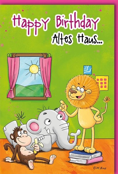Geburtstagskarte Kinder – Löwe, Affe und Elefant mit lustigem Schlafmotiv und Spruch