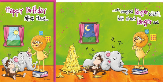 Geburtstagskarte Kinder – Löwe, Affe und Elefant mit lustigem Schlafmotiv und Spruch