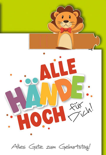 Geburtstagskarte Kinder – Löwe mit buntem Schriftzug und fröhlichem Design