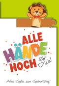 Geburtstagskarte Kinder – Löwe mit buntem Schriftzug und fröhlichem Design